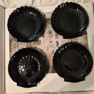 Set of 4 Vintage Arcoroc Black Glass Dessert Plates 5.5", Sea Shell Beach Decor